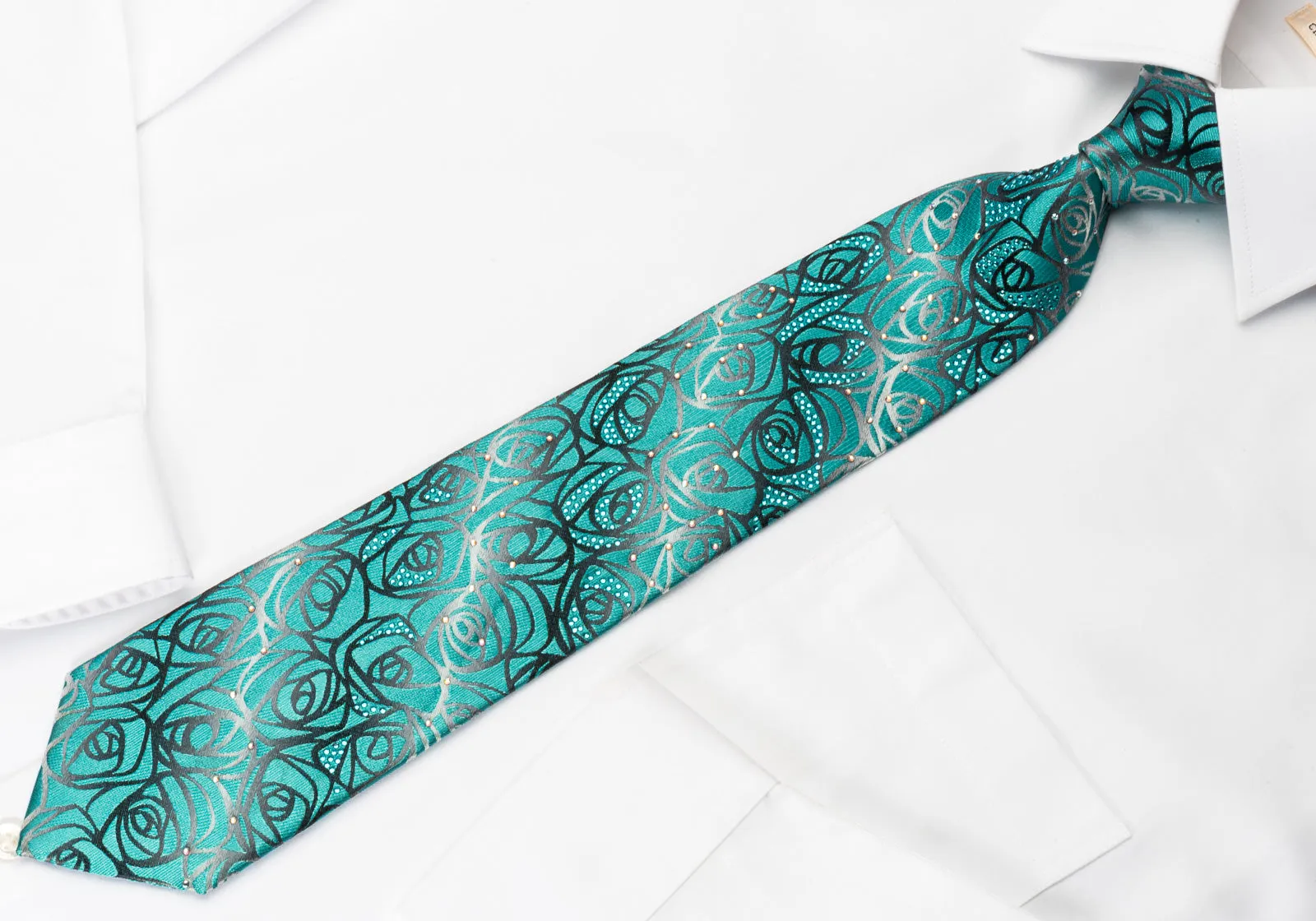 Metro City Rhinestone Silk Tie Abstract Floral On Turquoise Design
