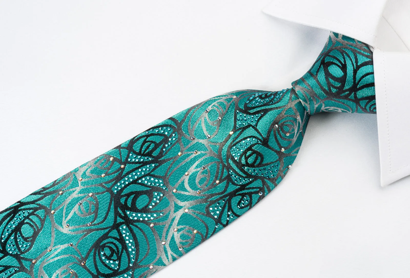 Metro City Rhinestone Silk Tie Abstract Floral On Turquoise Design