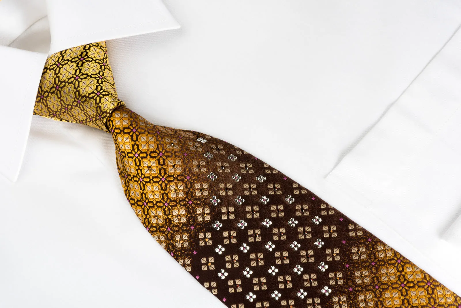 Metro City Silk Necktie Golden Yellow Geometric On Brown With Rhinestones