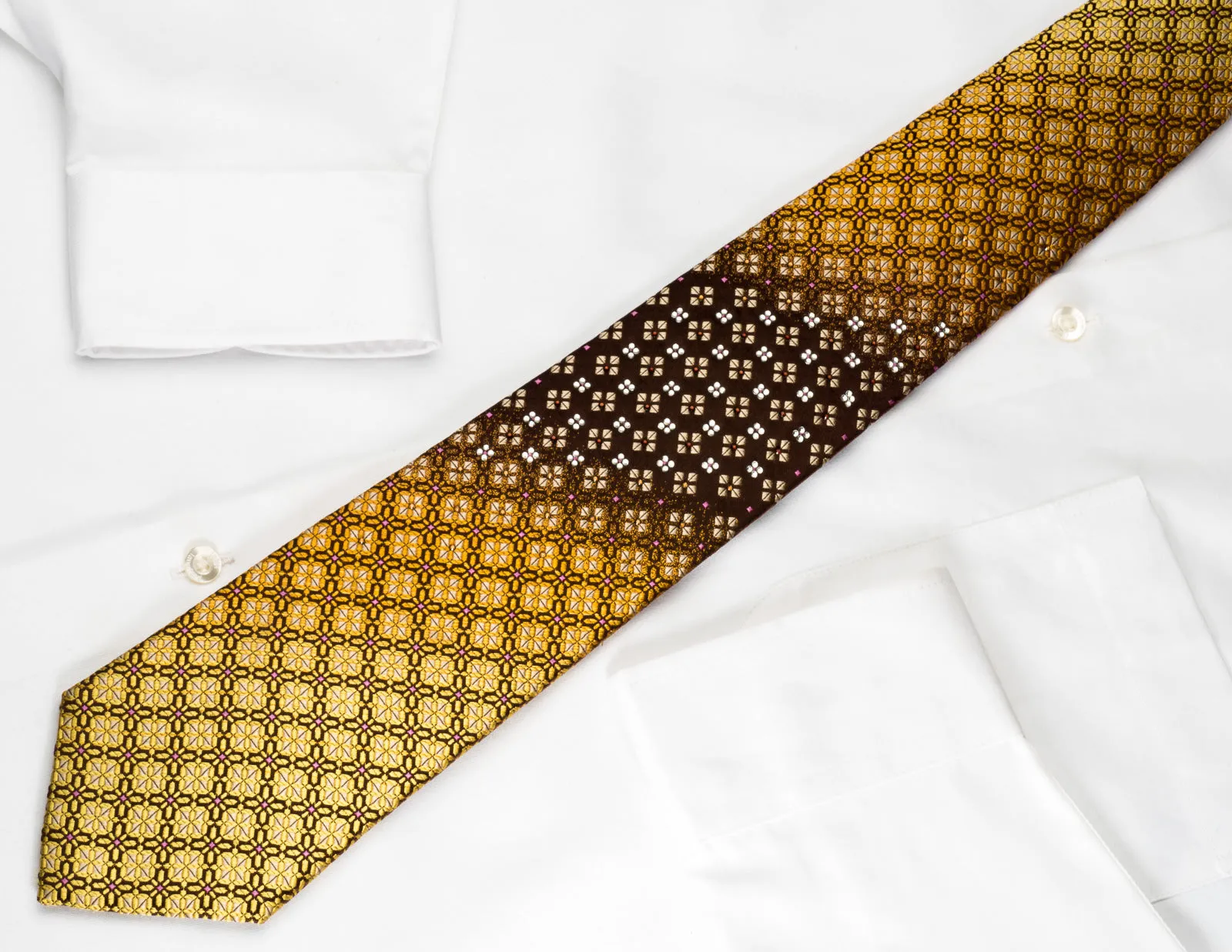 Metro City Silk Necktie Golden Yellow Geometric On Brown With Rhinestones