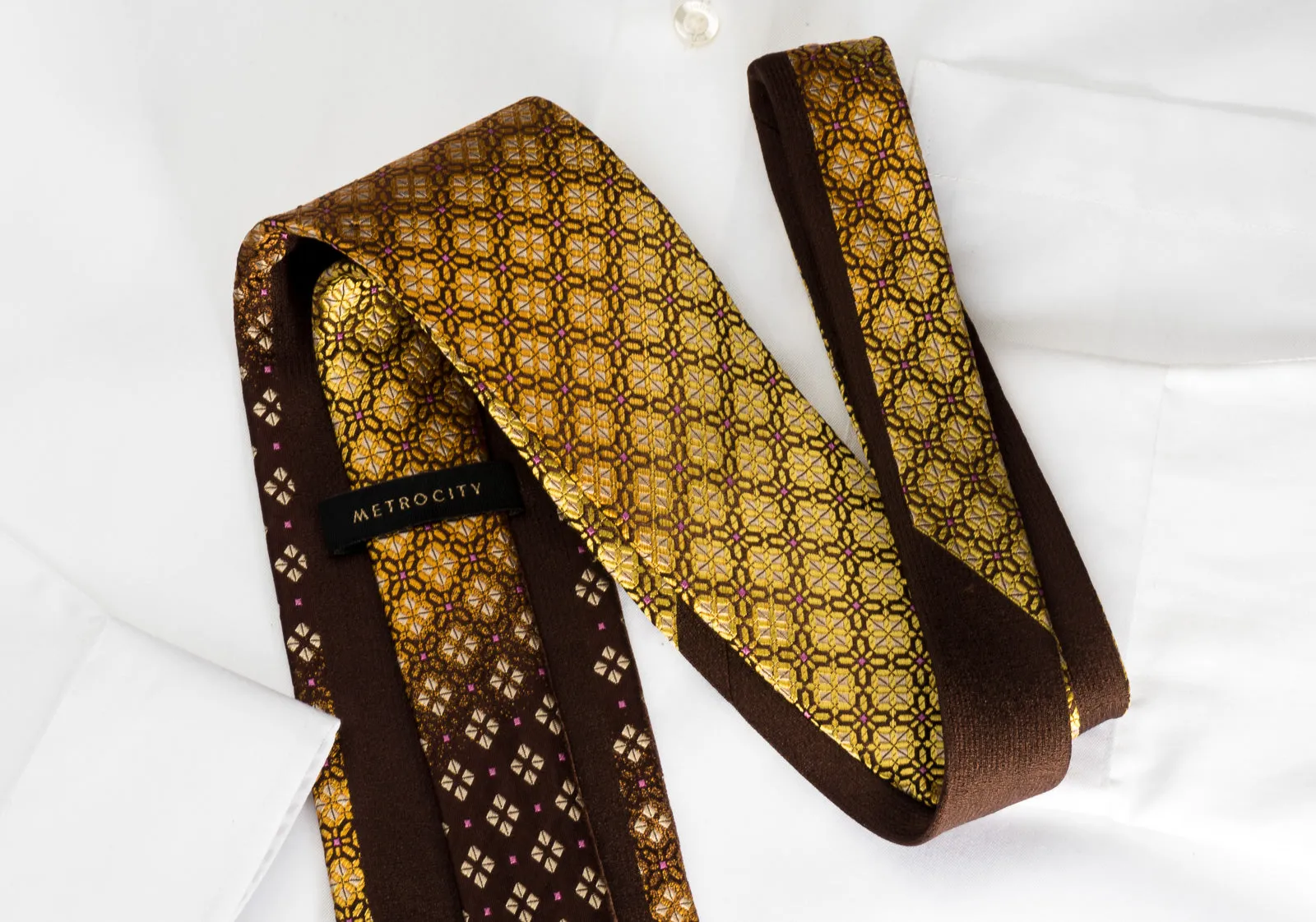 Metro City Silk Necktie Golden Yellow Geometric On Brown With Rhinestones