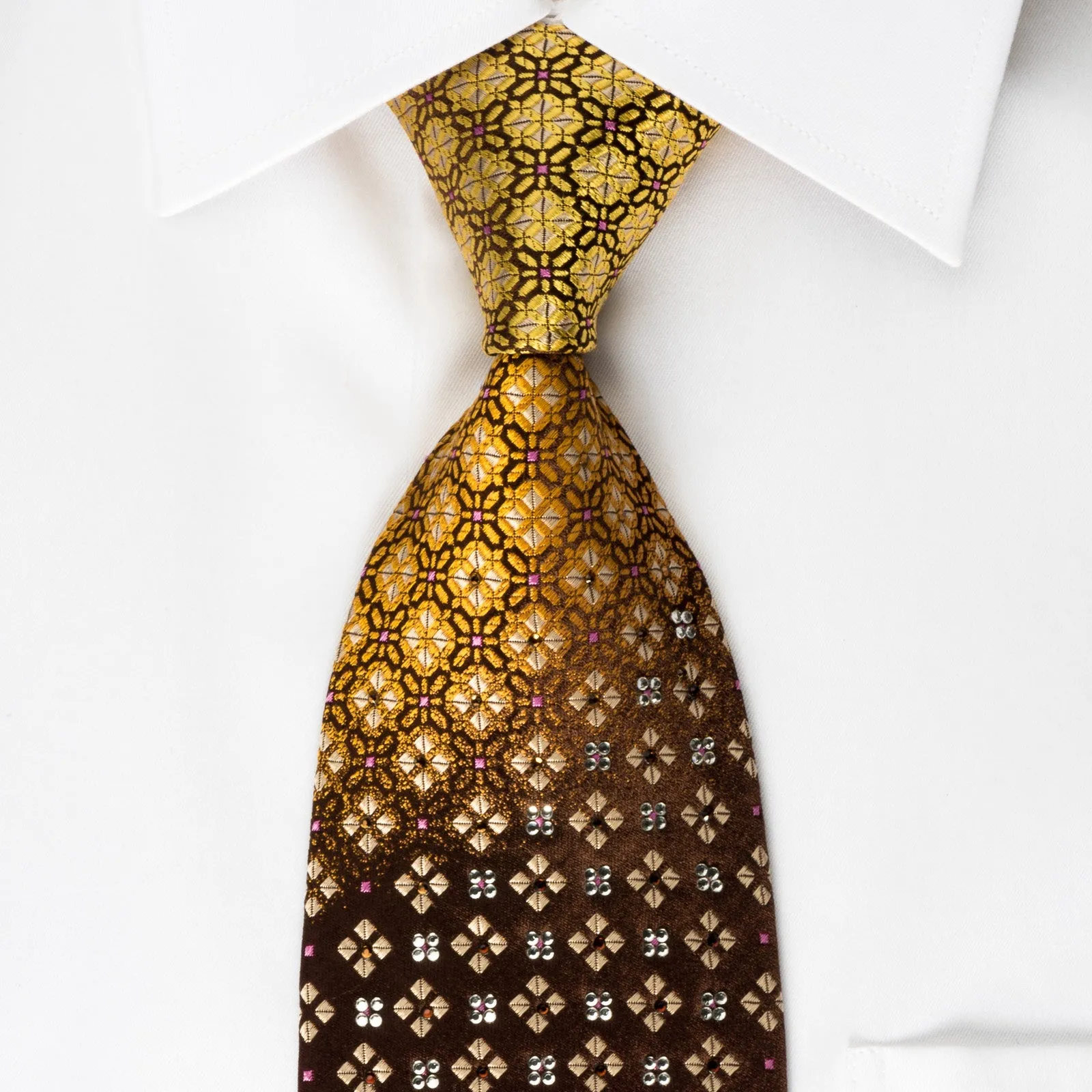 Metro City Silk Necktie Golden Yellow Geometric On Brown With Rhinestones