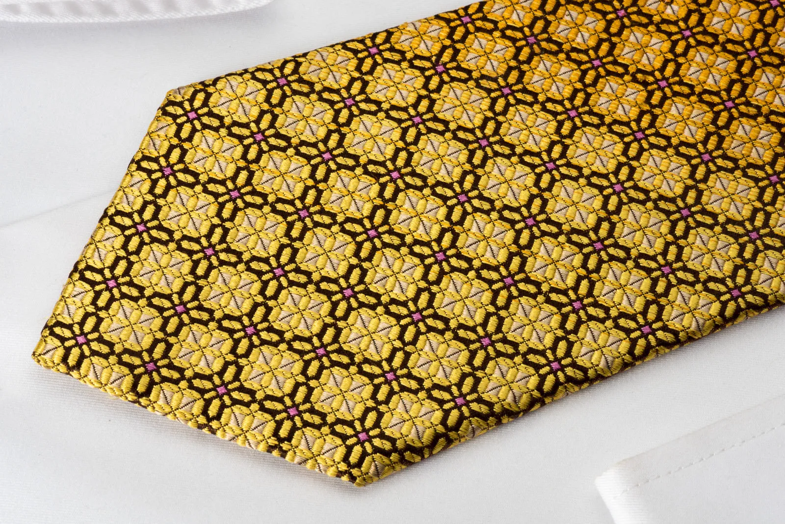 Metro City Silk Necktie Golden Yellow Geometric On Brown With Rhinestones