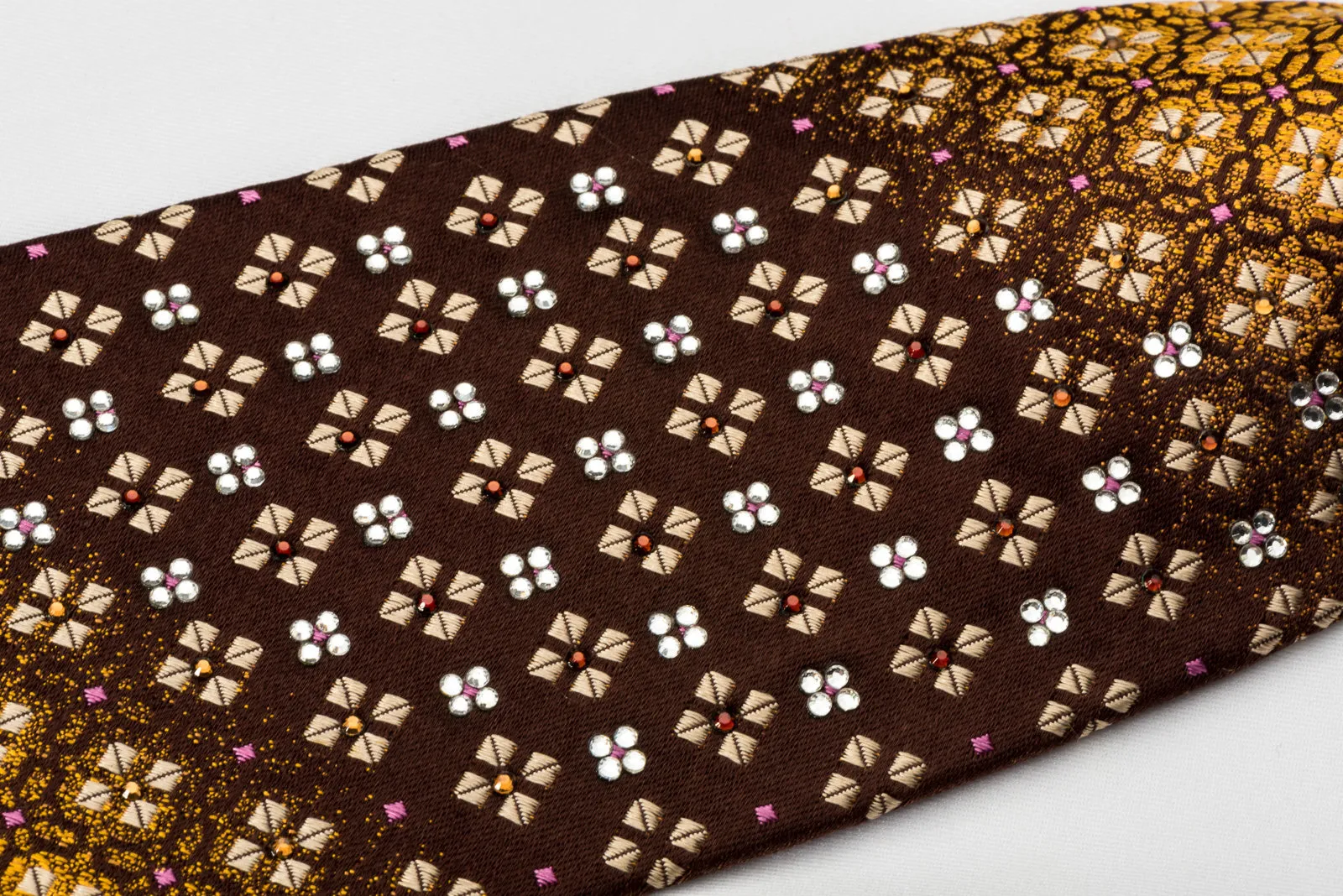 Metro City Silk Necktie Golden Yellow Geometric On Brown With Rhinestones