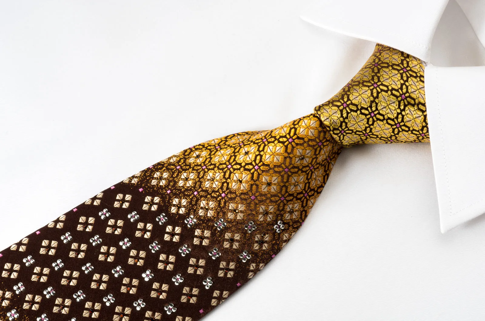 Metro City Silk Necktie Golden Yellow Geometric On Brown With Rhinestones