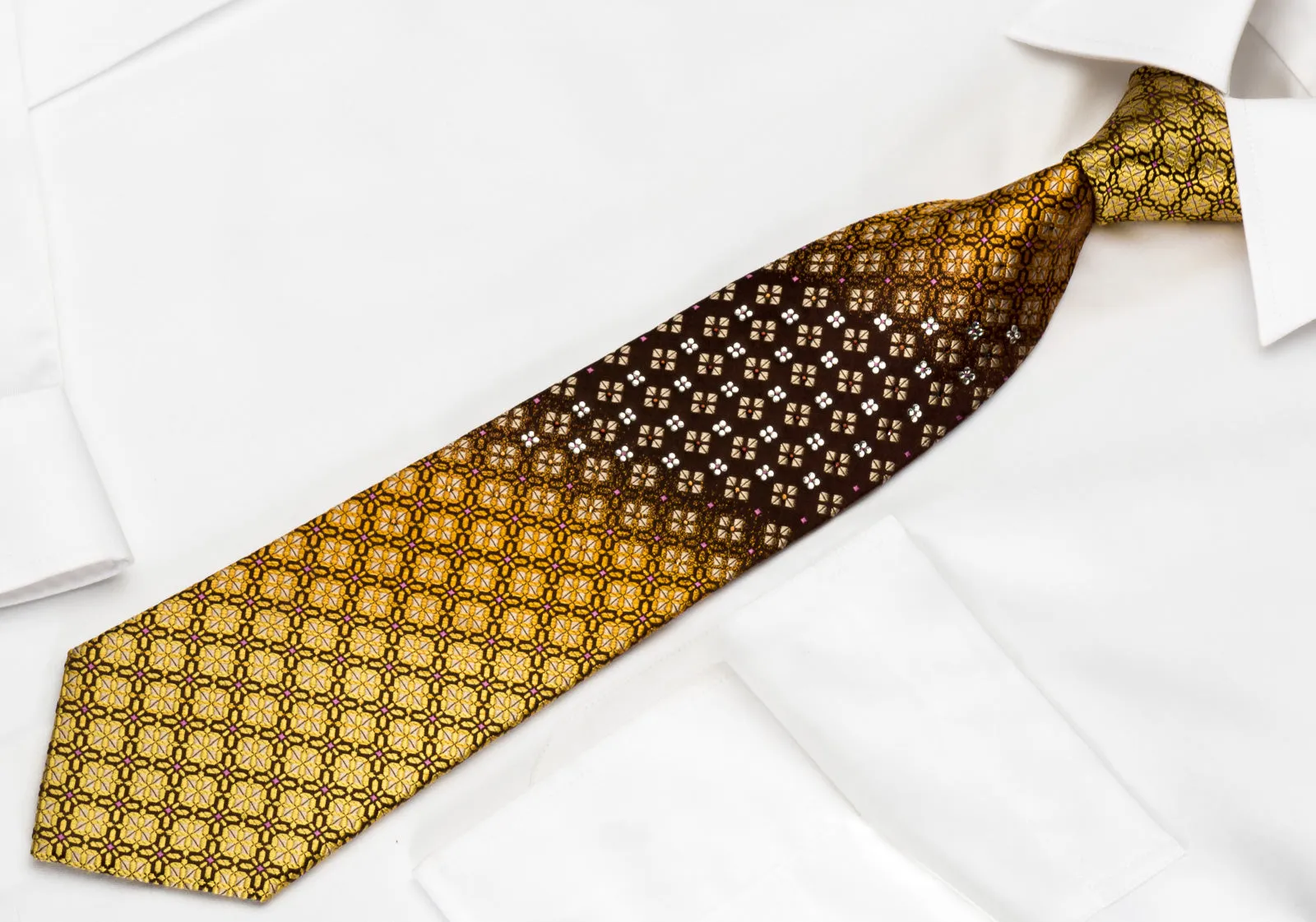 Metro City Silk Necktie Golden Yellow Geometric On Brown With Rhinestones