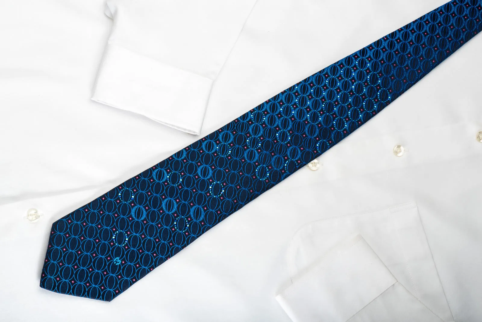 Mila Schon Silk Rhinestone Tie Geometric Ovals On Blue With Sparkles