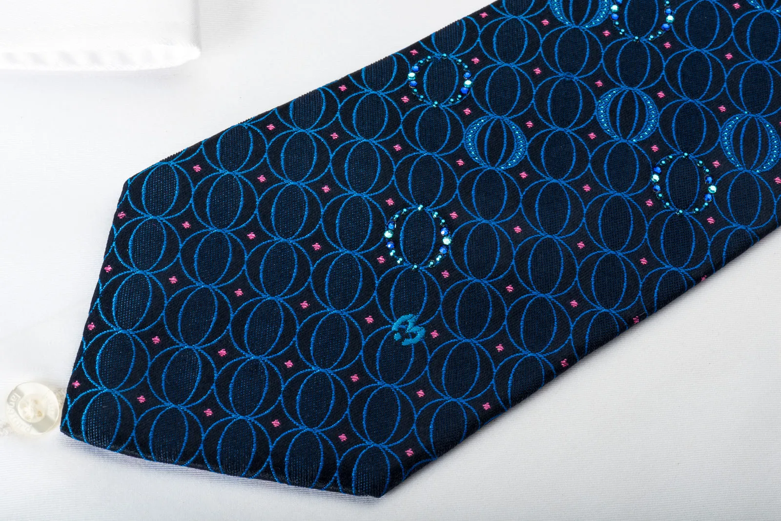 Mila Schon Silk Rhinestone Tie Geometric Ovals On Blue With Sparkles