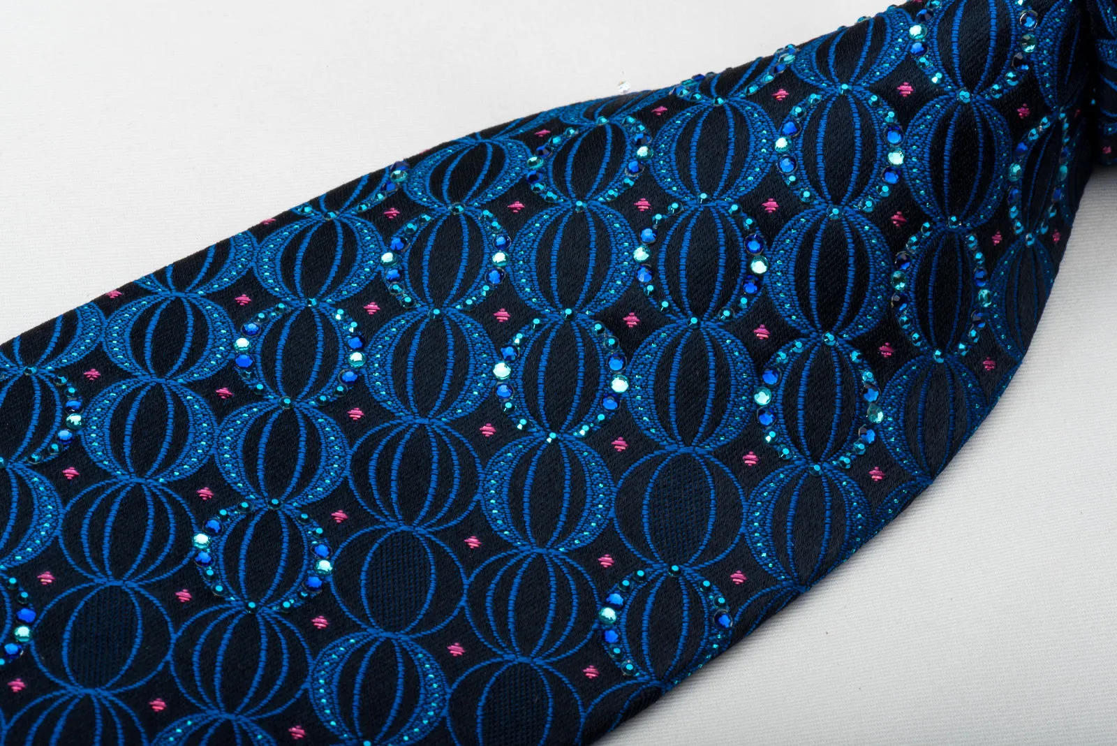 Mila Schon Silk Rhinestone Tie Geometric Ovals On Blue With Sparkles