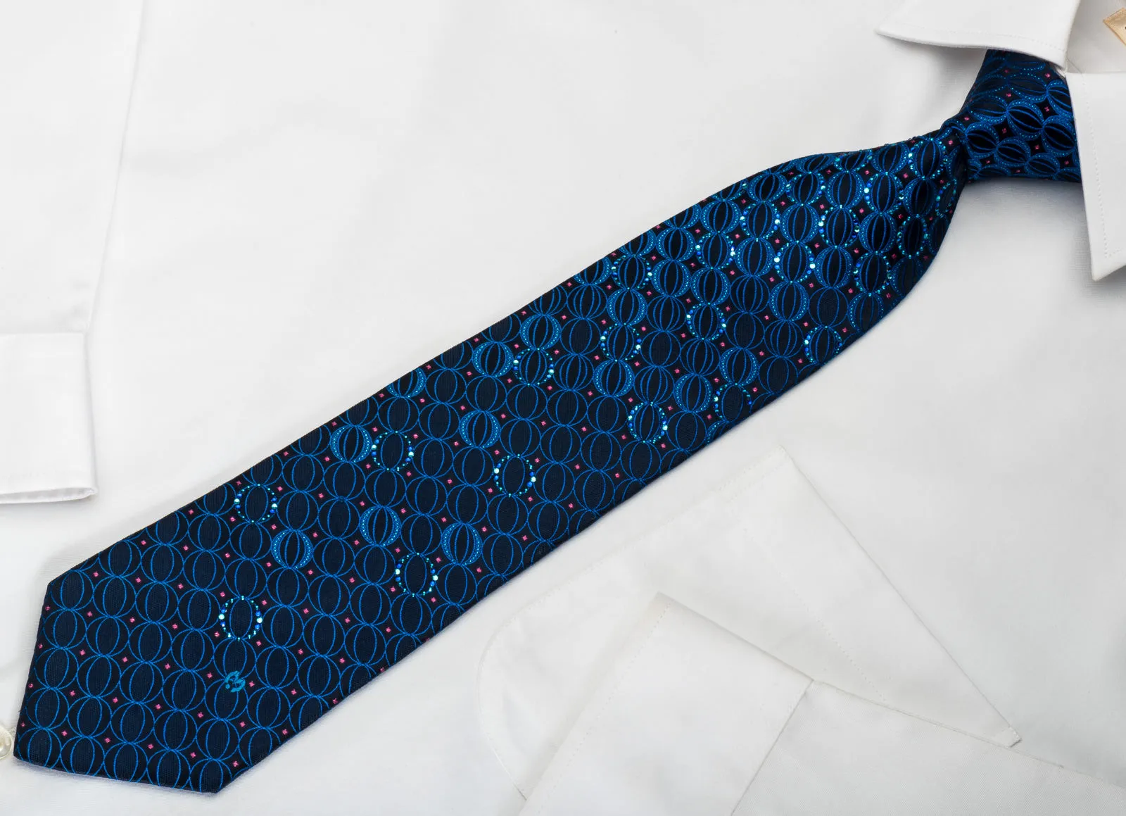 Mila Schon Silk Rhinestone Tie Geometric Ovals On Blue With Sparkles