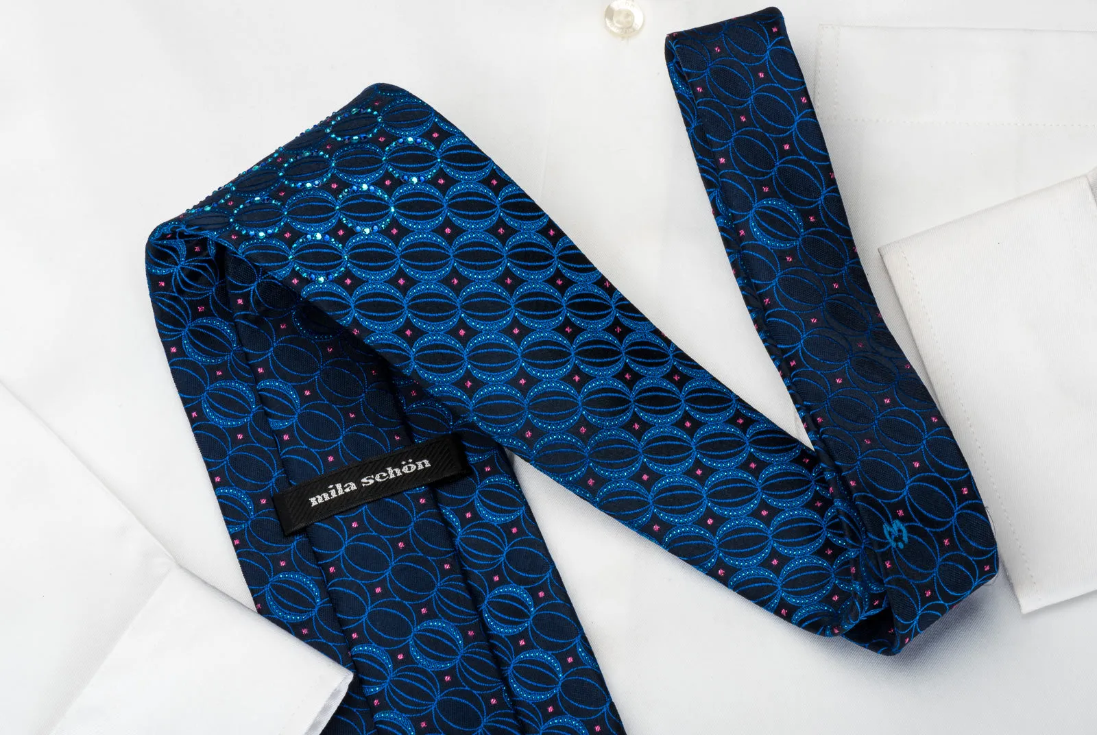 Mila Schon Silk Rhinestone Tie Geometric Ovals On Blue With Sparkles