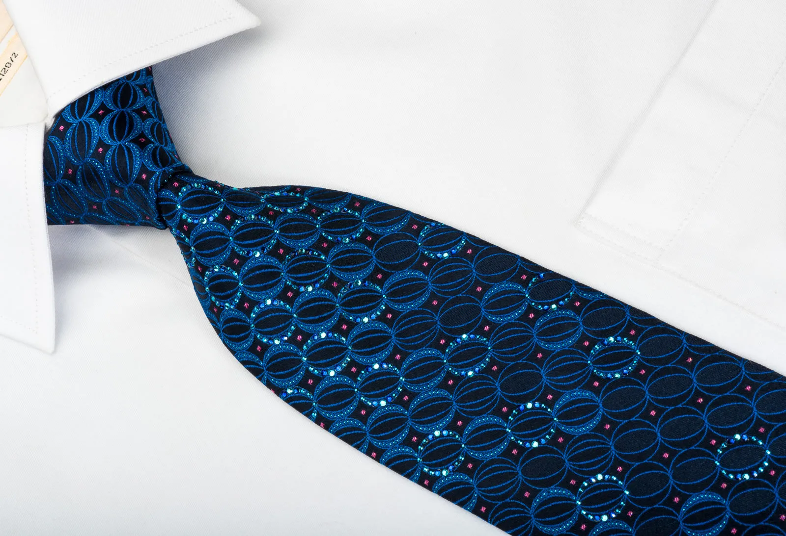Mila Schon Silk Rhinestone Tie Geometric Ovals On Blue With Sparkles