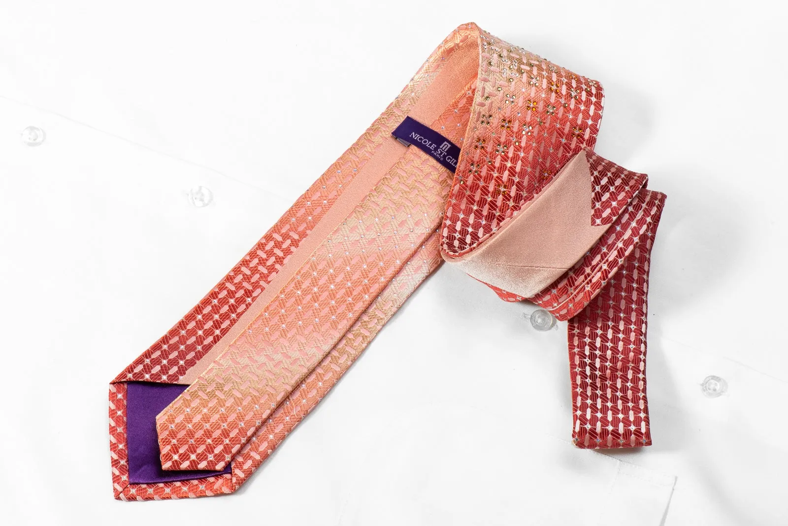Nicole St Giles Men's Crystal Necktie Burgundy Pink Geometric With Silver Sparkles