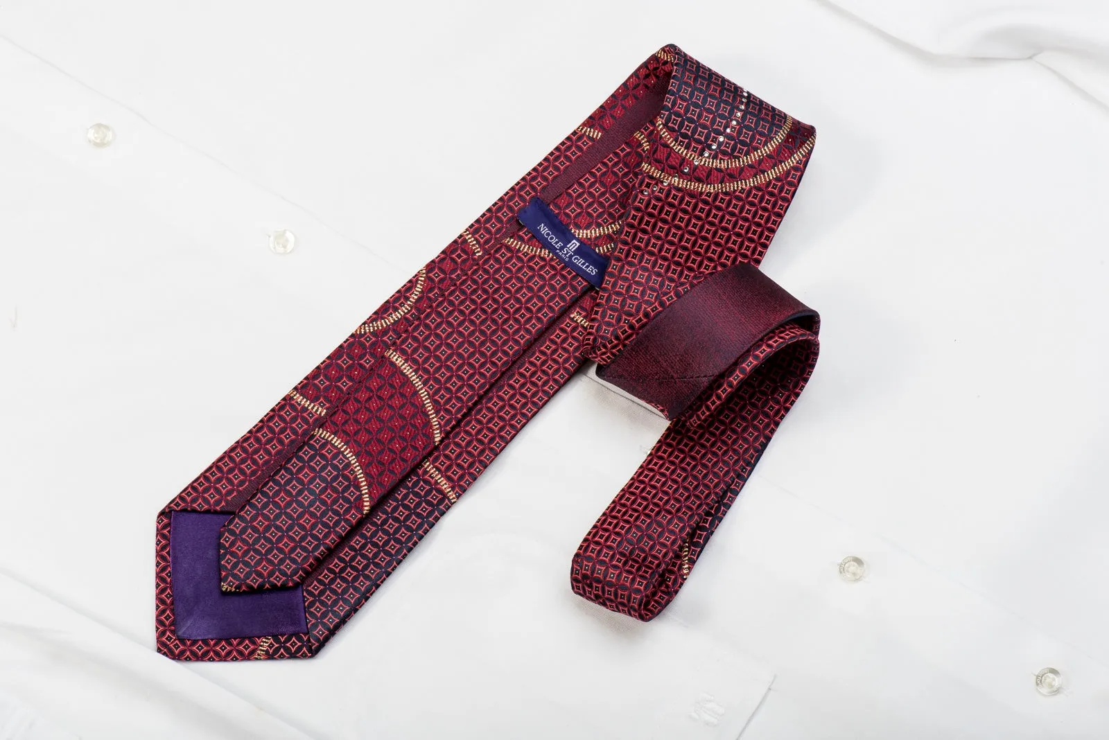 Nicole St Giles Men's Crystal Tie Burgundy Geometric On Navy With Gold Sparkles