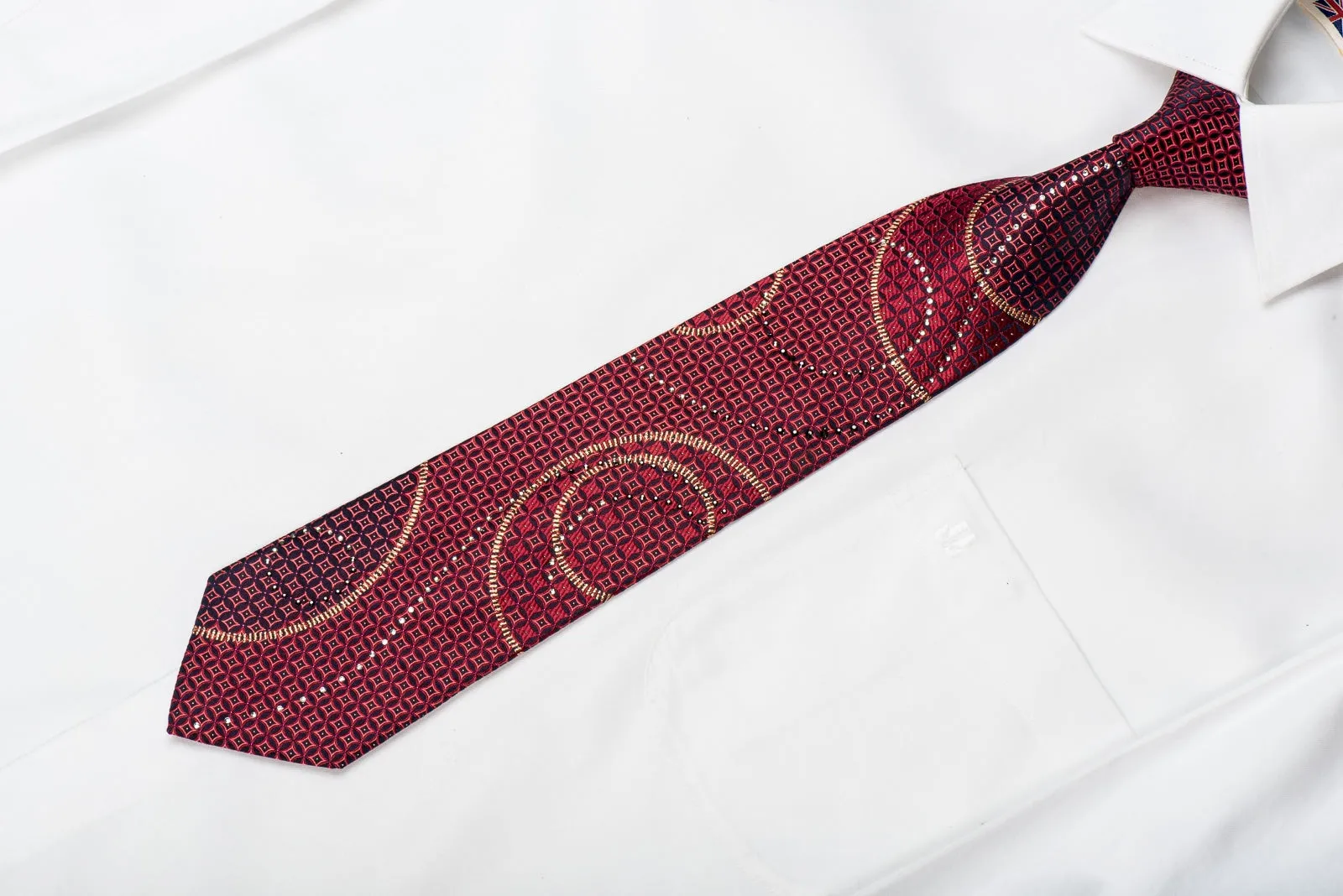 Nicole St Giles Men's Crystal Tie Burgundy Geometric On Navy With Gold Sparkles