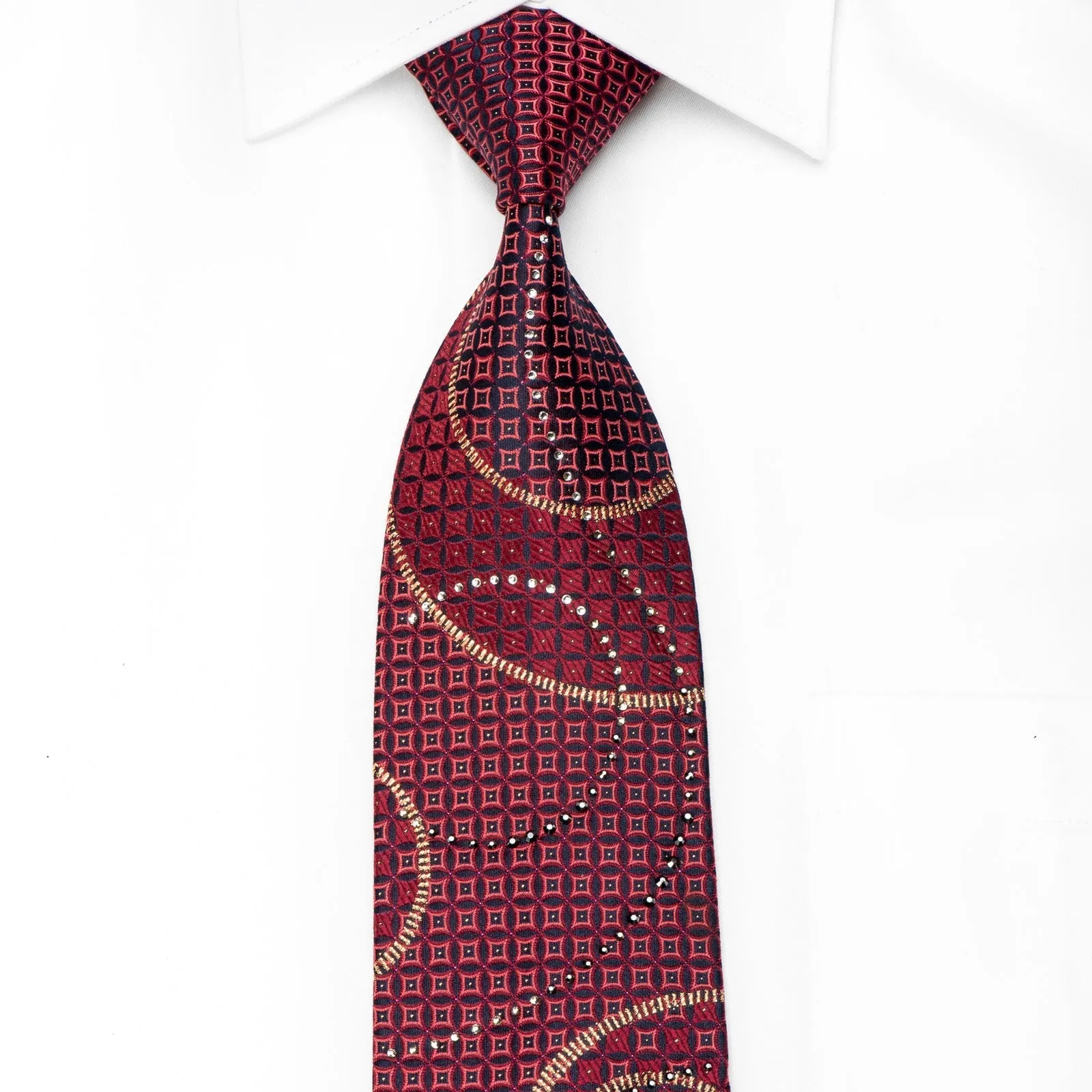 Nicole St Giles Men's Crystal Tie Burgundy Geometric On Navy With Gold Sparkles