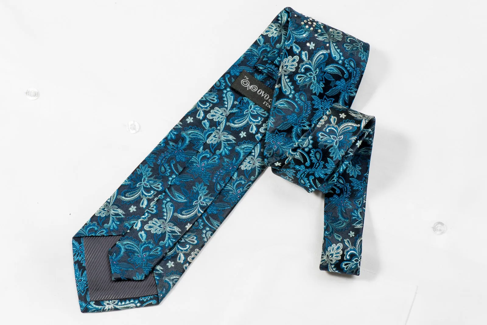 OVO Classic Mens Crystal Silk Necktie Floral On Navy Blue With Sparkles