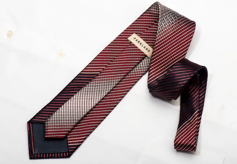 Park Land Men's Silk Necktie Red Silver Striped On Navy Sparkling With Rhinestones
