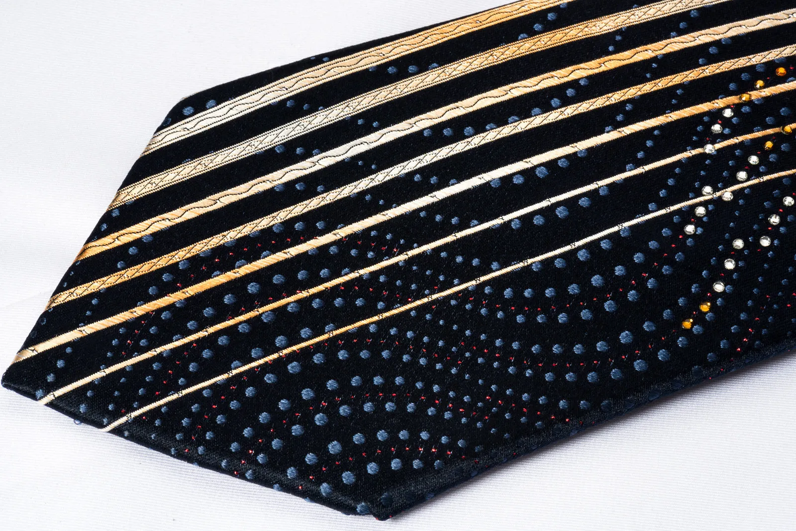 Park Land Rhinestone Necktie Orange Yellow Vertical Stripes On Navy With Silver Sparkles