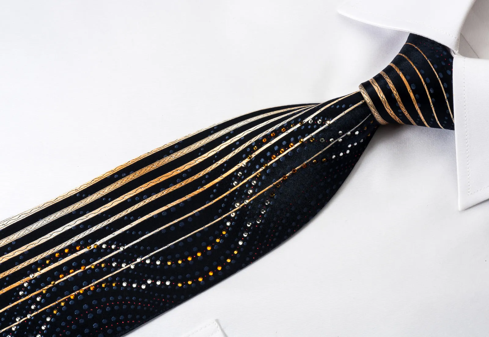 Park Land Rhinestone Necktie Orange Yellow Vertical Stripes On Navy With Silver Sparkles