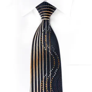 Park Land Rhinestone Necktie Orange Yellow Vertical Stripes On Navy With Silver Sparkles