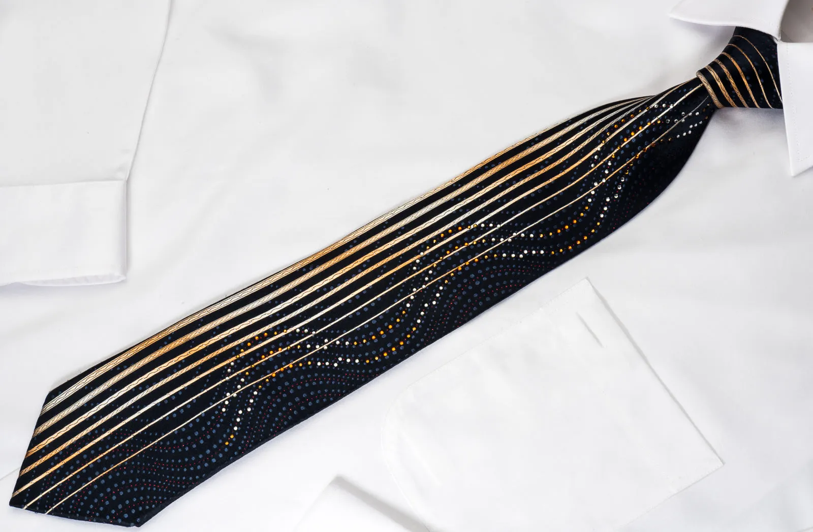 Park Land Rhinestone Necktie Orange Yellow Vertical Stripes On Navy With Silver Sparkles