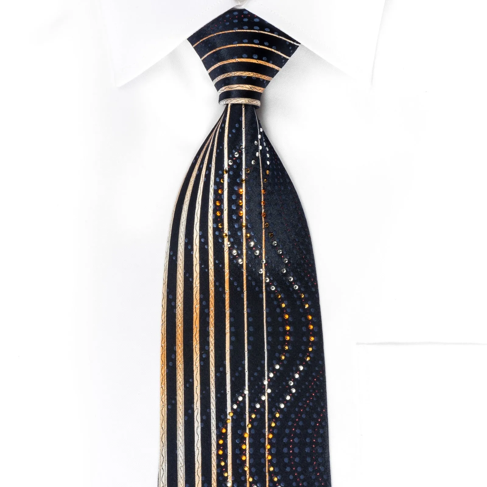 Park Land Rhinestone Necktie Orange Yellow Vertical Stripes On Navy With Silver Sparkles