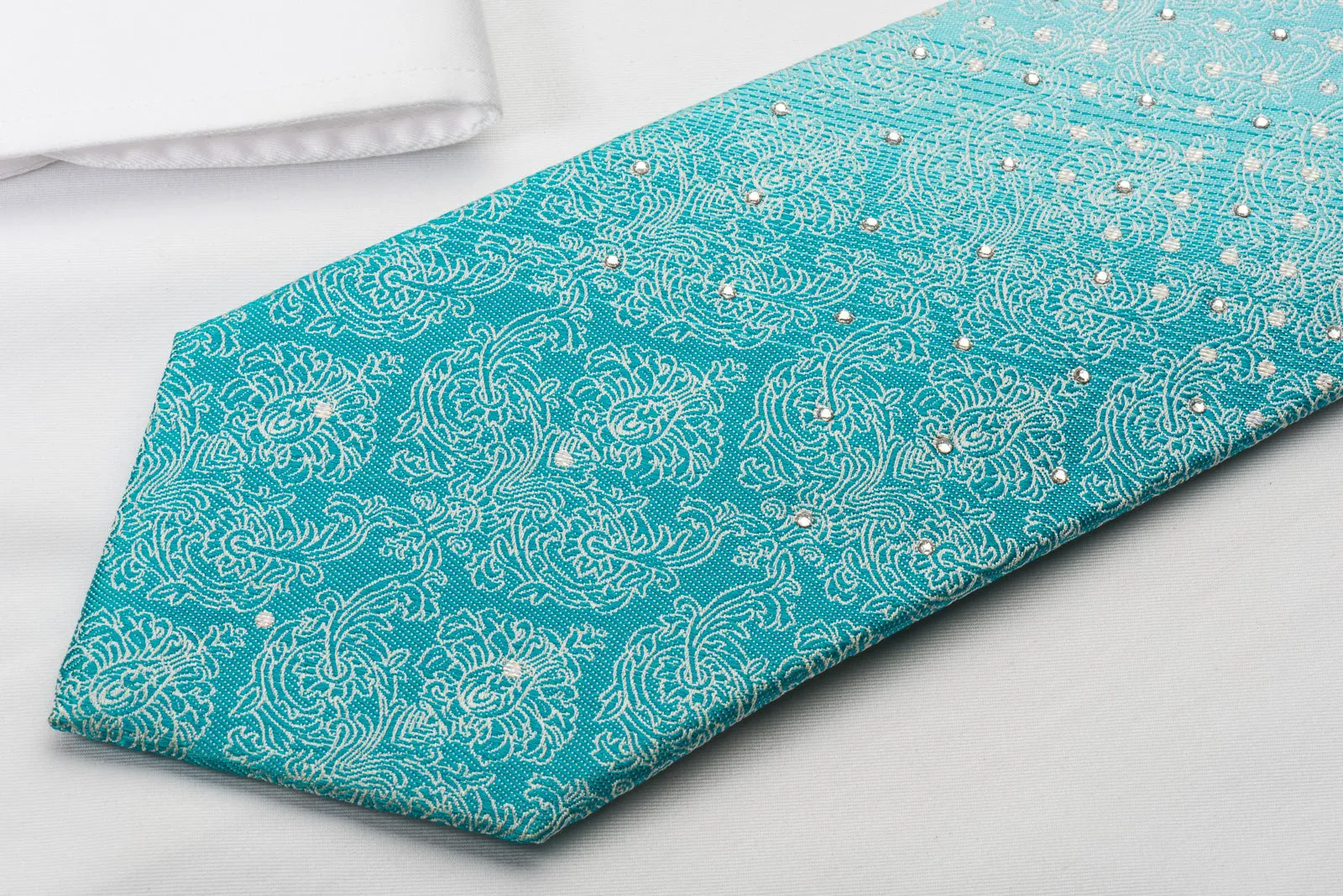 Park Land Silk Rhinestone Necktie Silver Damask On Blue Turquoise With Silver Sparkles