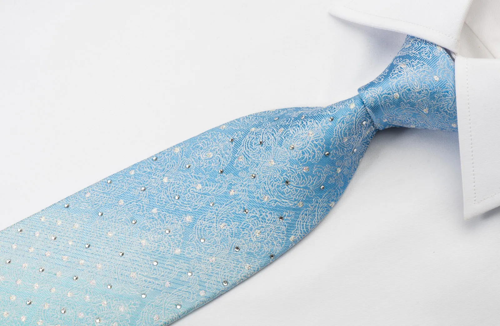 Park Land Silk Rhinestone Necktie Silver Damask On Blue Turquoise With Silver Sparkles
