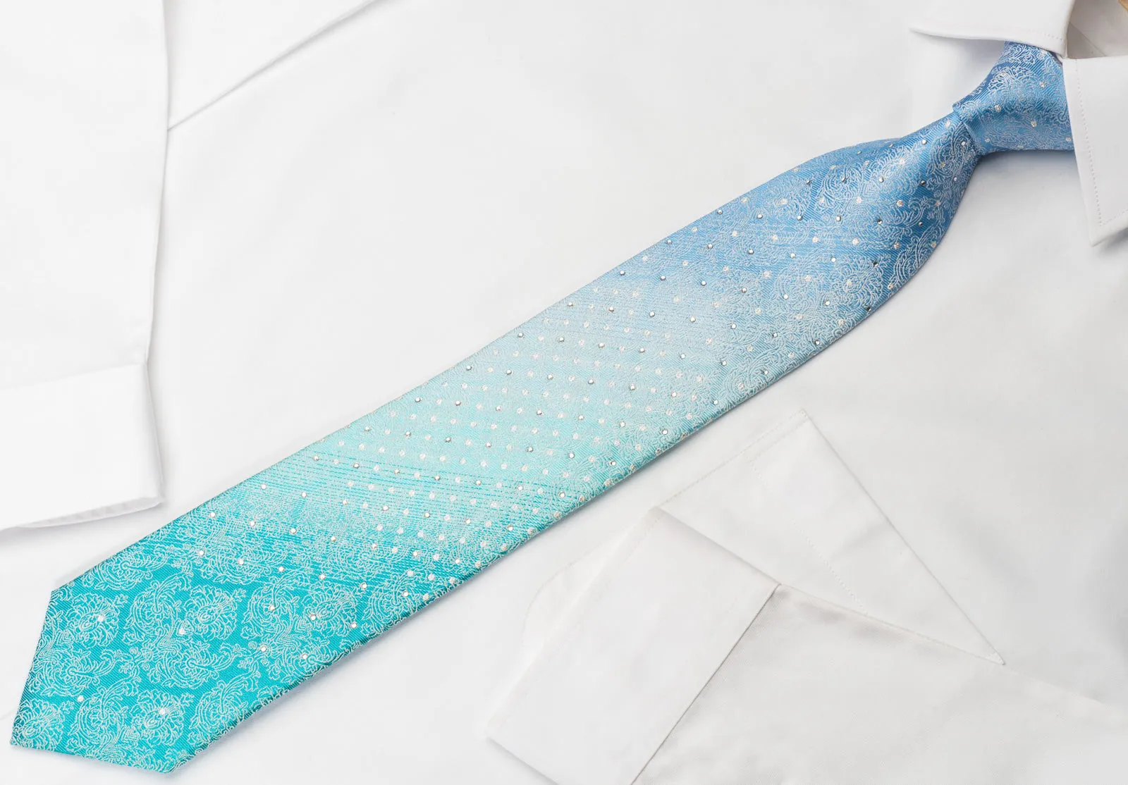 Park Land Silk Rhinestone Necktie Silver Damask On Blue Turquoise With Silver Sparkles