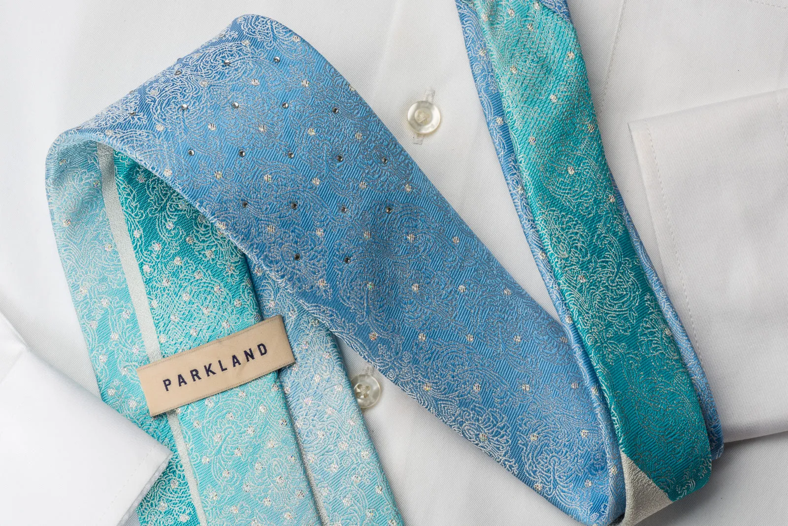 Park Land Silk Rhinestone Necktie Silver Damask On Blue Turquoise With Silver Sparkles