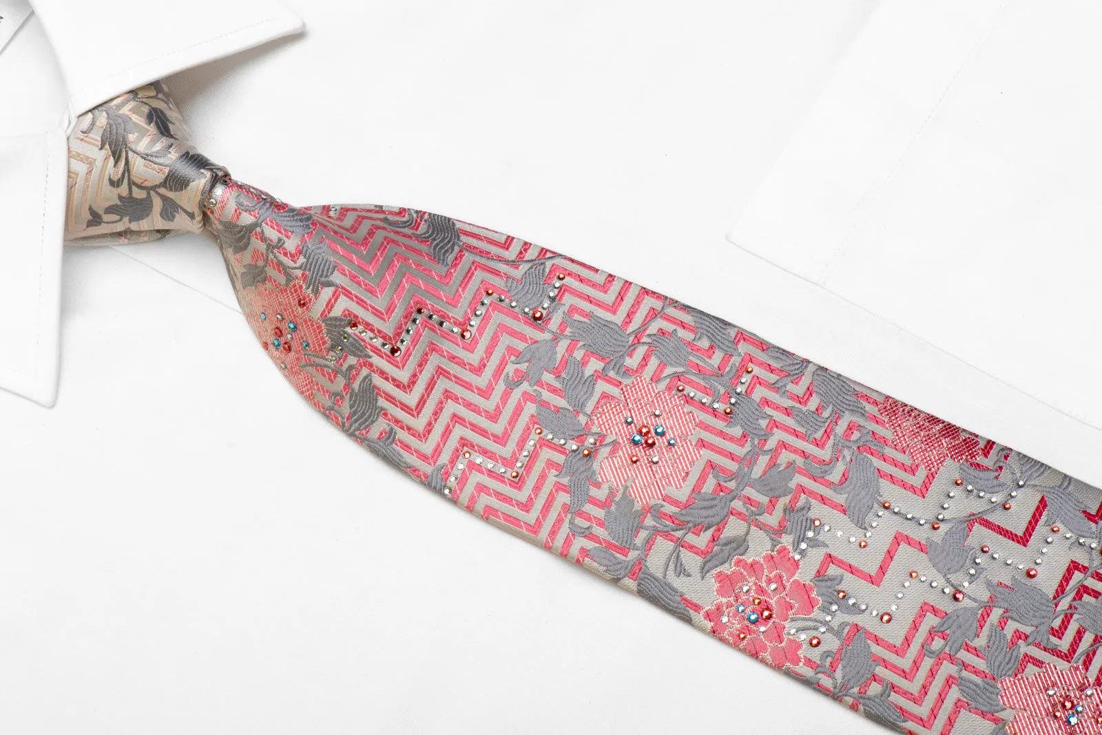 Perry Ellis Rhinestone Necktie Pink Chevron Floral On Silver With Sparkles