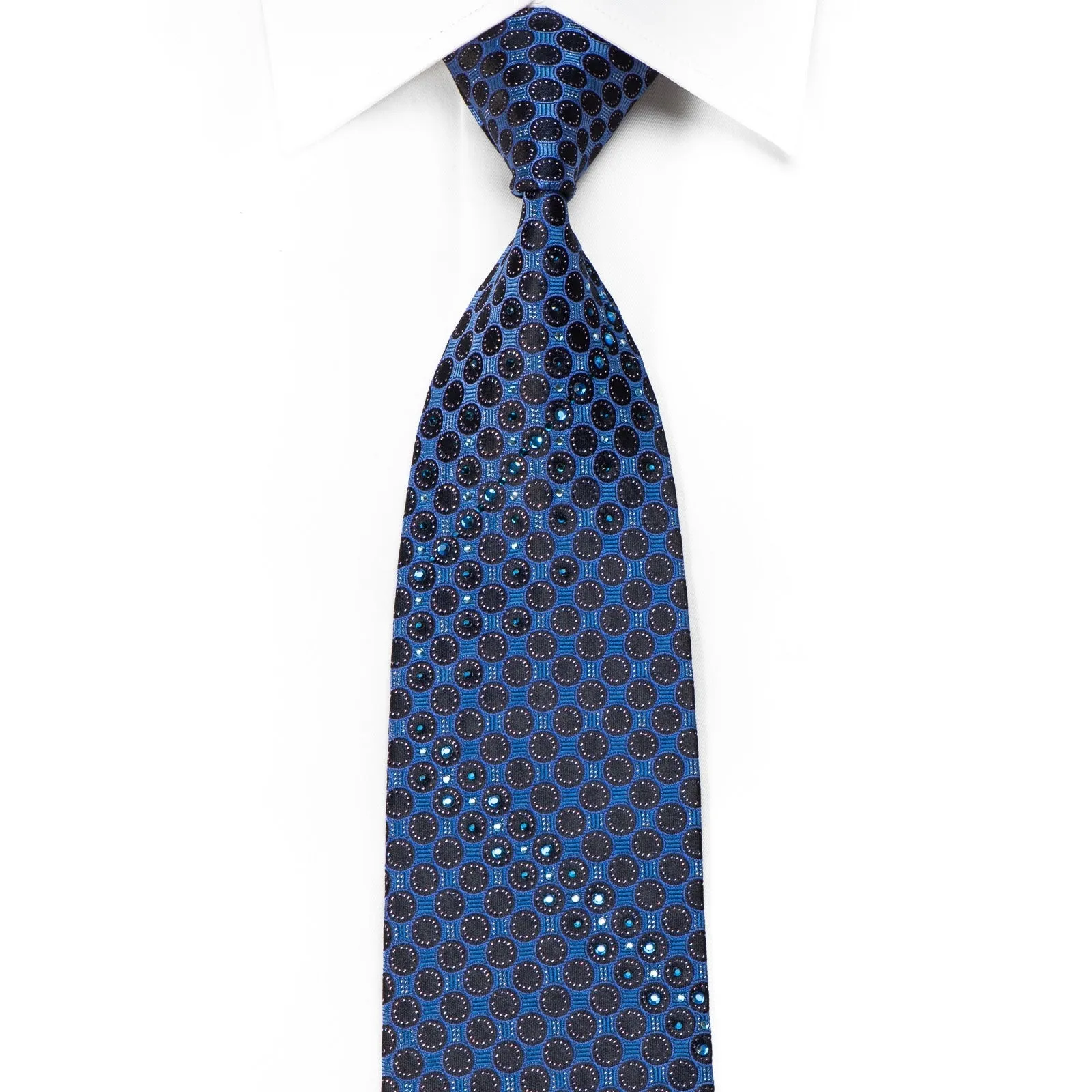 Pierre Cardin Men's Silk Necktie Black Circles On Blue Rhinestone Necktie