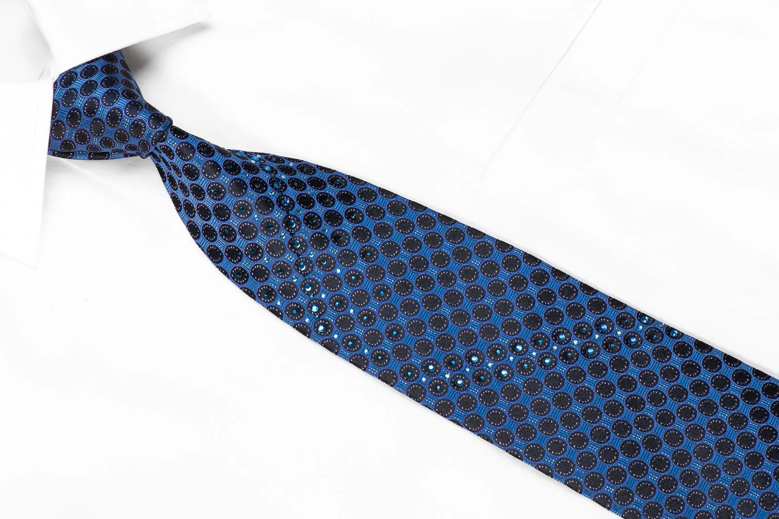 Pierre Cardin Men's Silk Necktie Black Circles On Blue Rhinestone Necktie