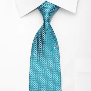 Pierre Cardin Mens Silk Necktie Silver Trellis On Turquoise Sparkling With Crystal Rhinestones