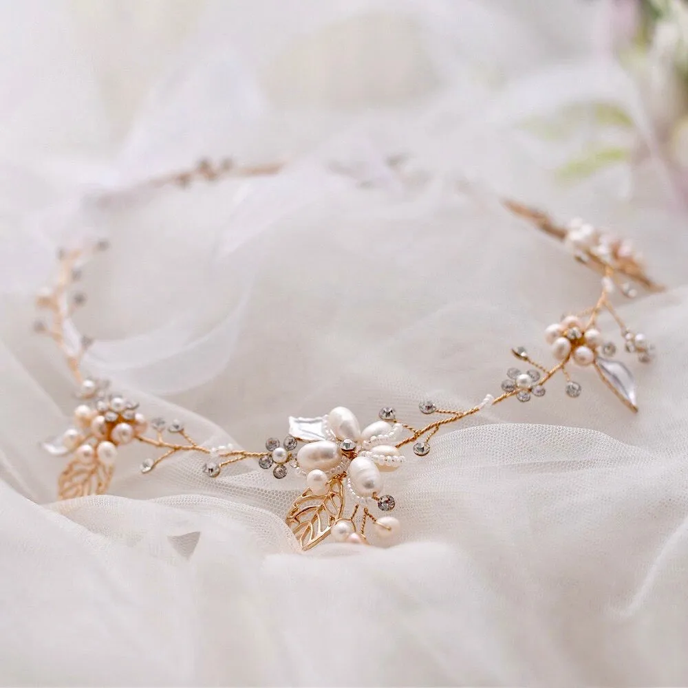 "Karisa" - Pearl and Crystal Bridal Headband / Vine - Available in Silver, Rose Gold and Yellow Gold