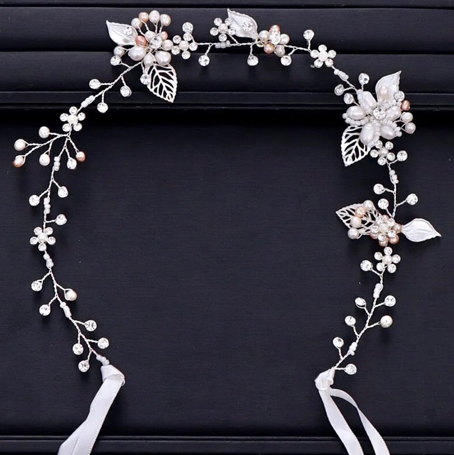 "Karisa" - Pearl and Crystal Bridal Headband / Vine - Available in Silver, Rose Gold and Yellow Gold