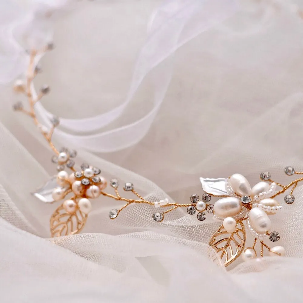 "Karisa" - Pearl and Crystal Bridal Headband / Vine - Available in Silver, Rose Gold and Yellow Gold