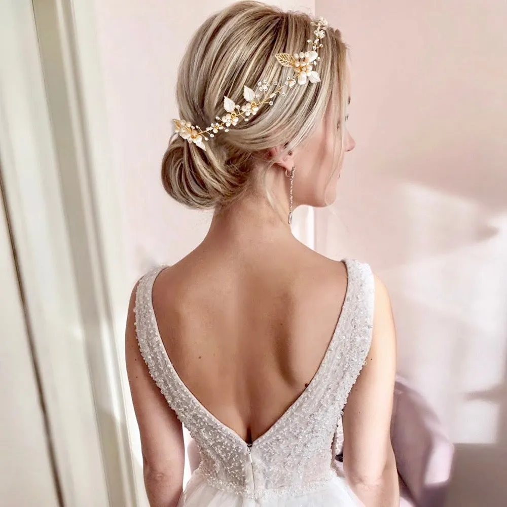 "Karisa" - Pearl and Crystal Bridal Headband / Vine - Available in Silver, Rose Gold and Yellow Gold