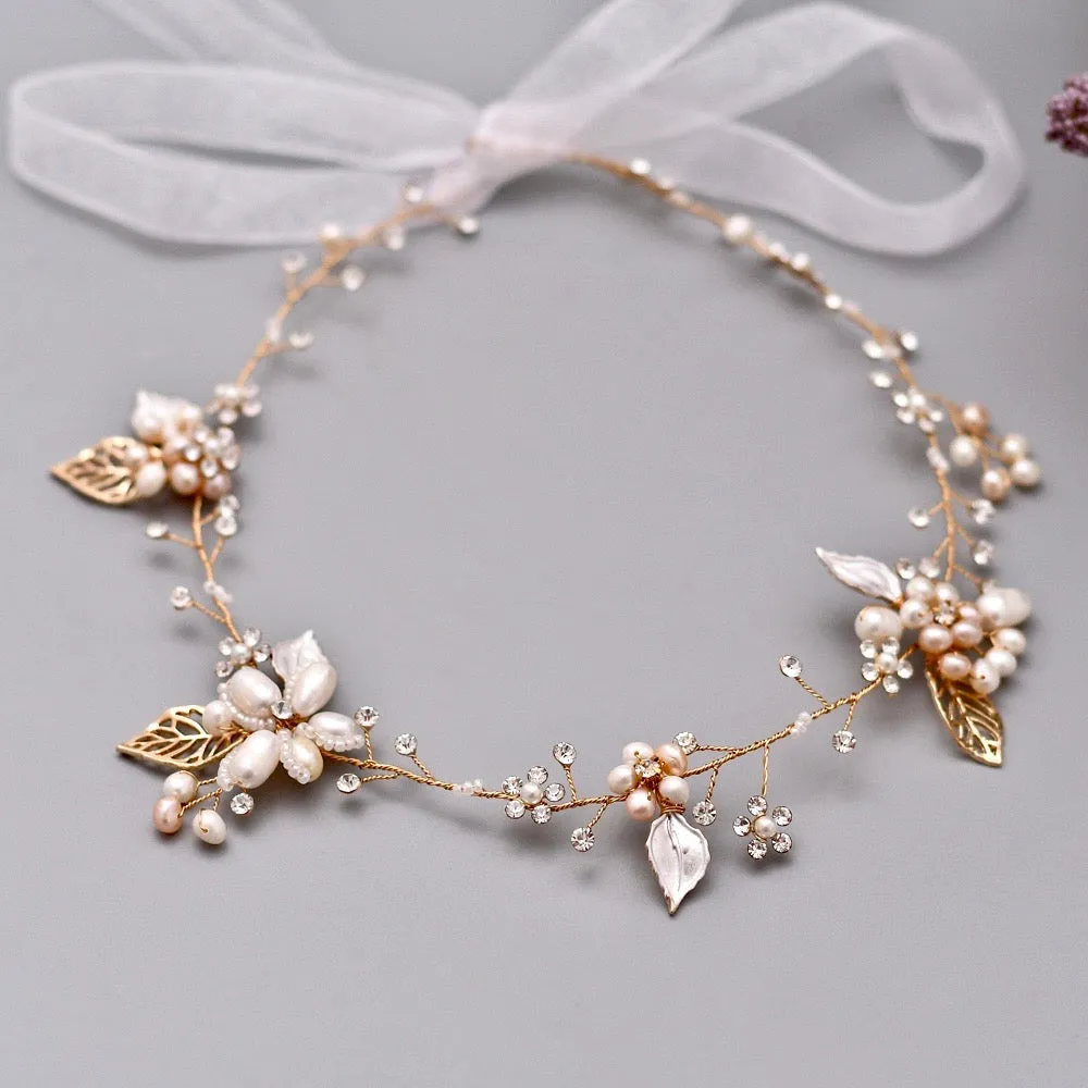 "Karisa" - Pearl and Crystal Bridal Headband / Vine - Available in Silver, Rose Gold and Yellow Gold