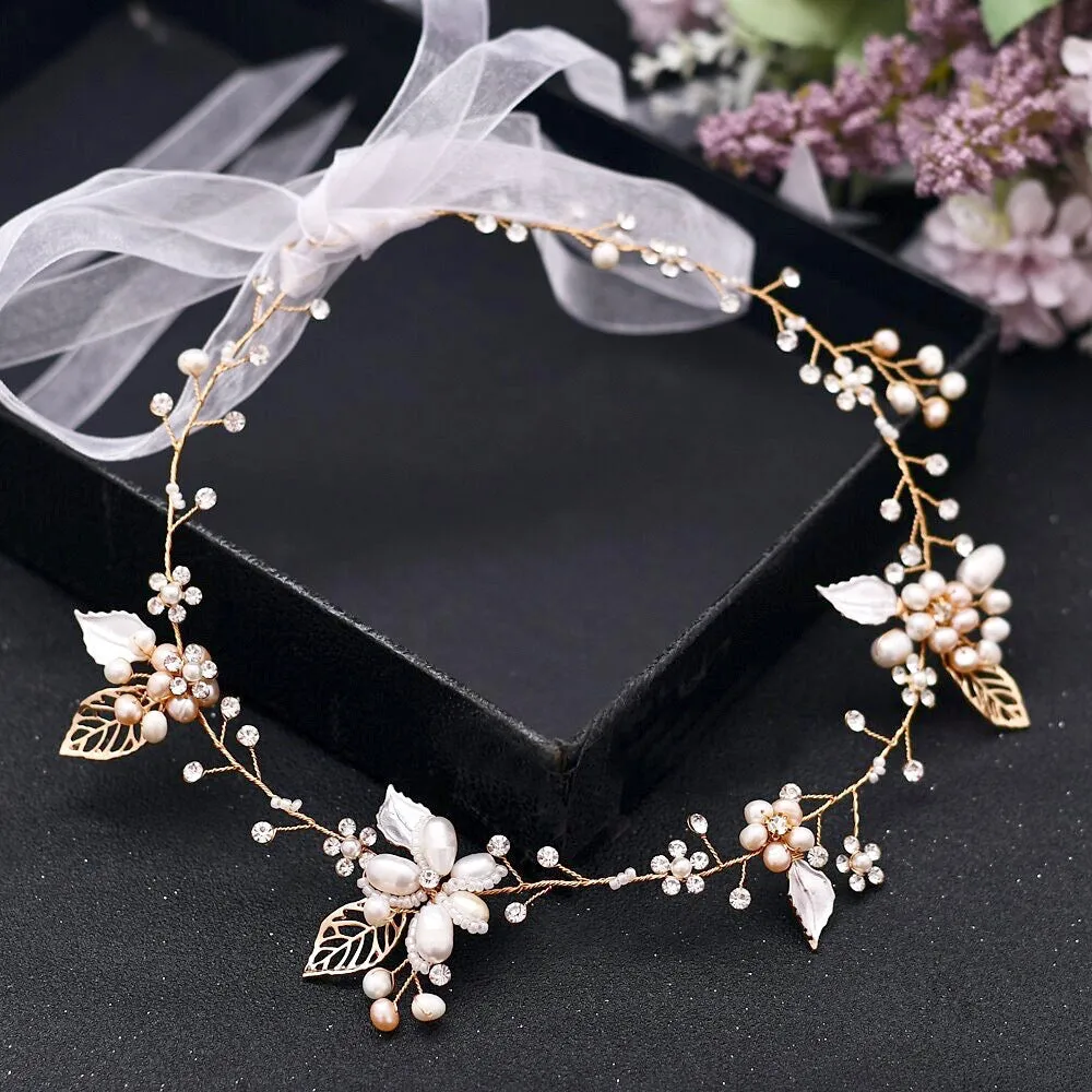 "Karisa" - Pearl and Crystal Bridal Headband / Vine - Available in Silver, Rose Gold and Yellow Gold