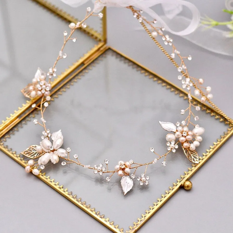 "Karisa" - Pearl and Crystal Bridal Headband / Vine - Available in Silver, Rose Gold and Yellow Gold