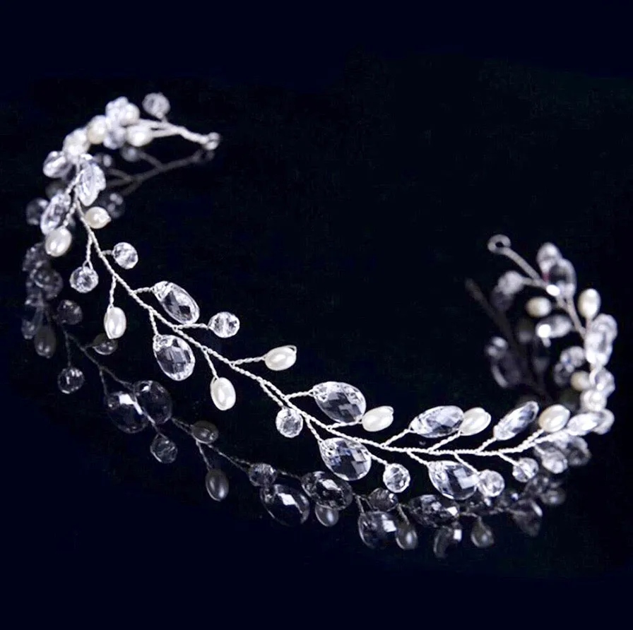 "Shana" - Pearl and Crystal Bridal Headband / Vine - Available in Silver and Yellow Gold