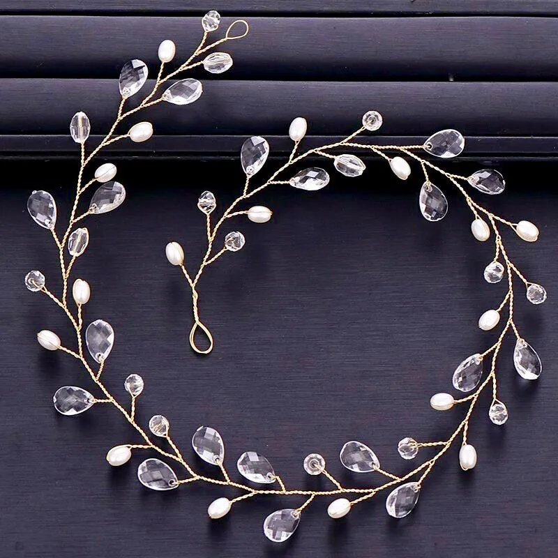 "Shana" - Pearl and Crystal Bridal Headband / Vine - Available in Silver and Yellow Gold