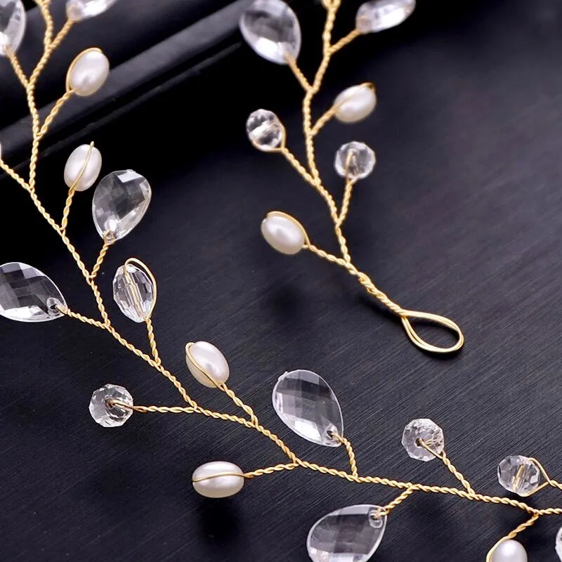 "Shana" - Pearl and Crystal Bridal Headband / Vine - Available in Silver and Yellow Gold