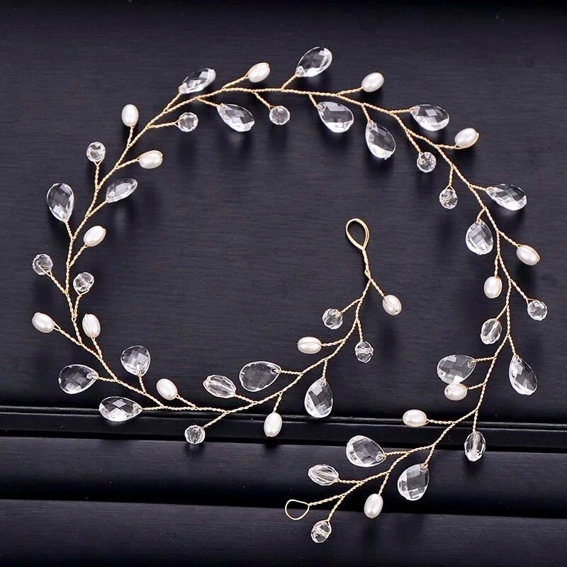 "Shana" - Pearl and Crystal Bridal Headband / Vine - Available in Silver and Yellow Gold