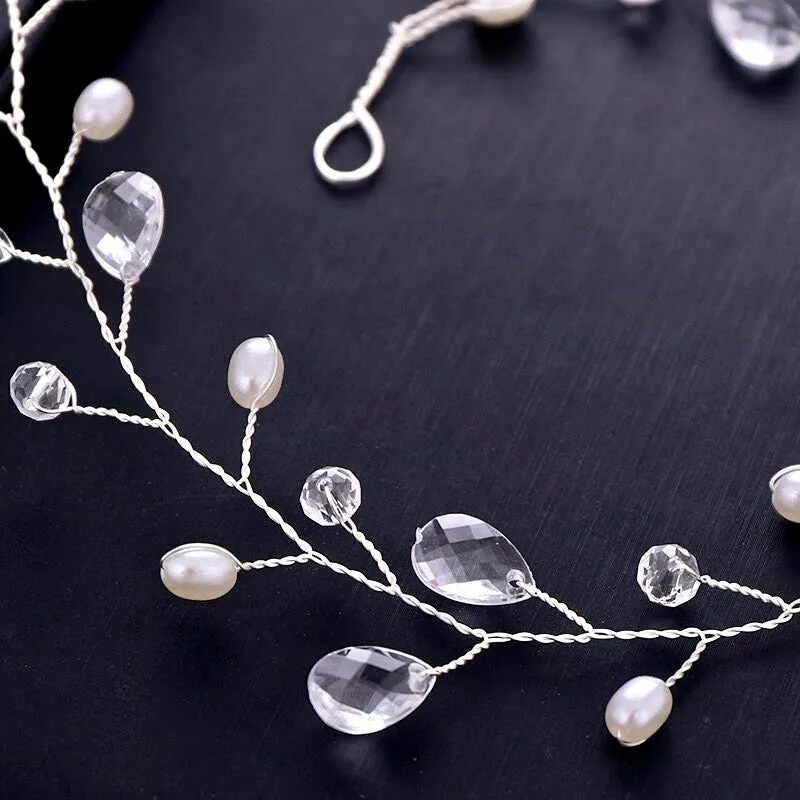 "Shana" - Pearl and Crystal Bridal Headband / Vine - Available in Silver and Yellow Gold