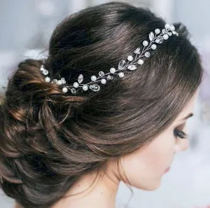 "Shana" - Pearl and Crystal Bridal Headband / Vine - Available in Silver and Yellow Gold