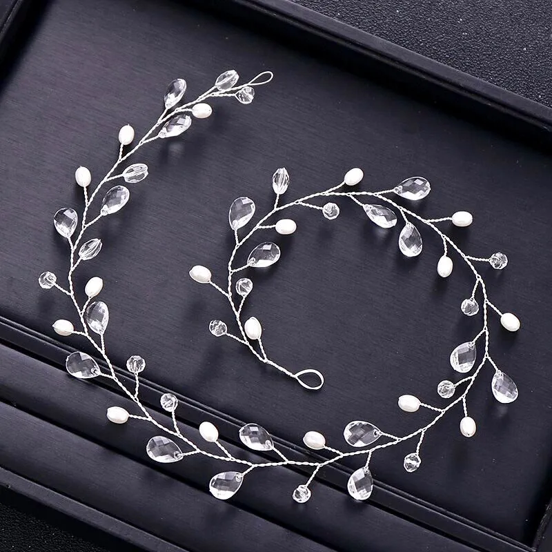 "Shana" - Pearl and Crystal Bridal Headband / Vine - Available in Silver and Yellow Gold