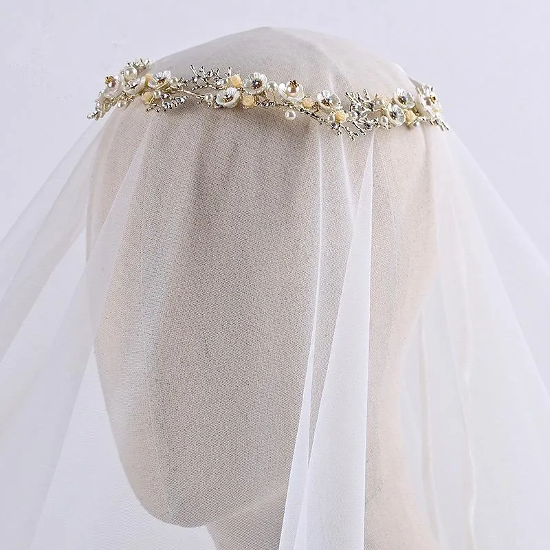 "Yvonne" - Pearl and Crystal Bridal Headband - Available in Yellow Gold, Rose Gold and Silver